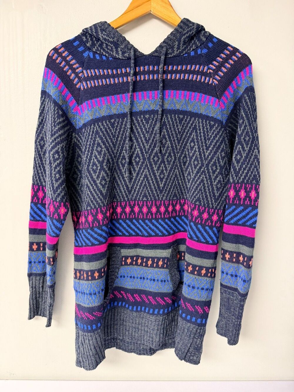 Say What Hooded Knit Sweater Navy Pink Blue Geometric Kangaroo Pocket